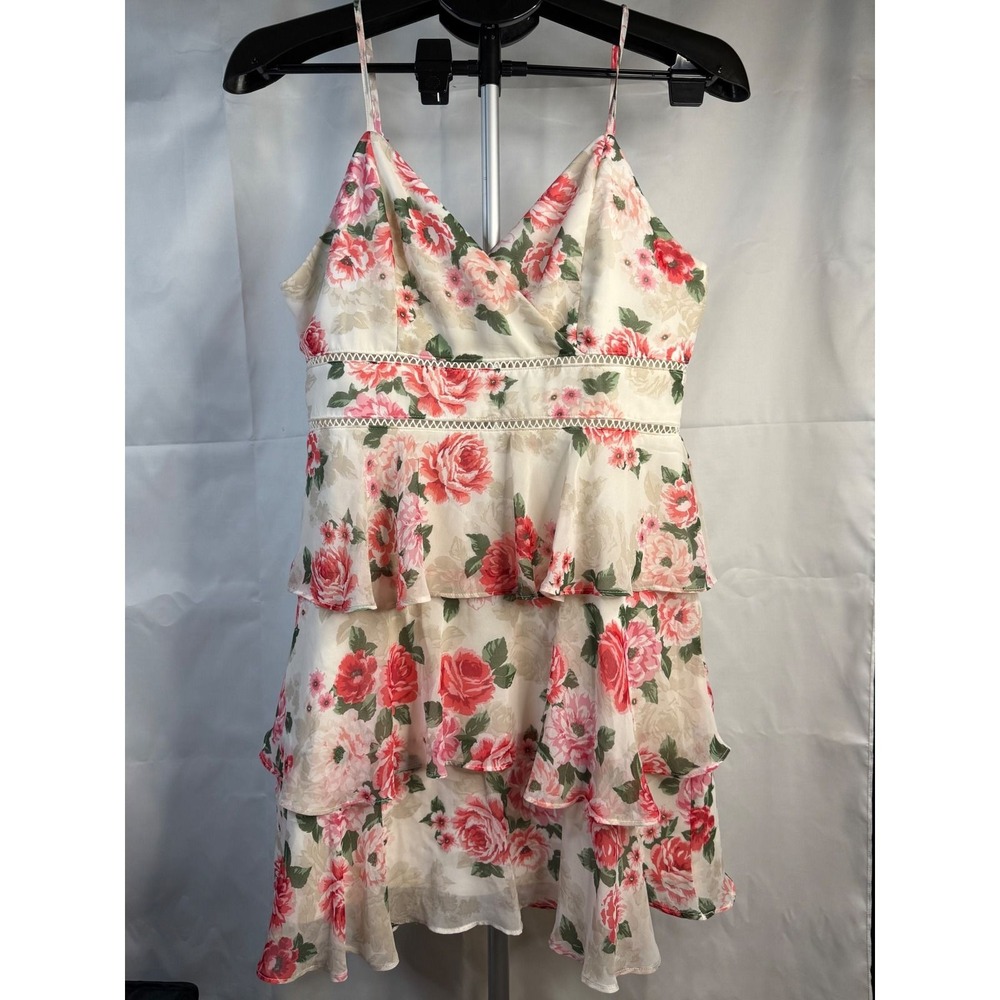 Floral Tiered Mini Dress Pink Red Rose Print Lace Trim Adjustable Straps